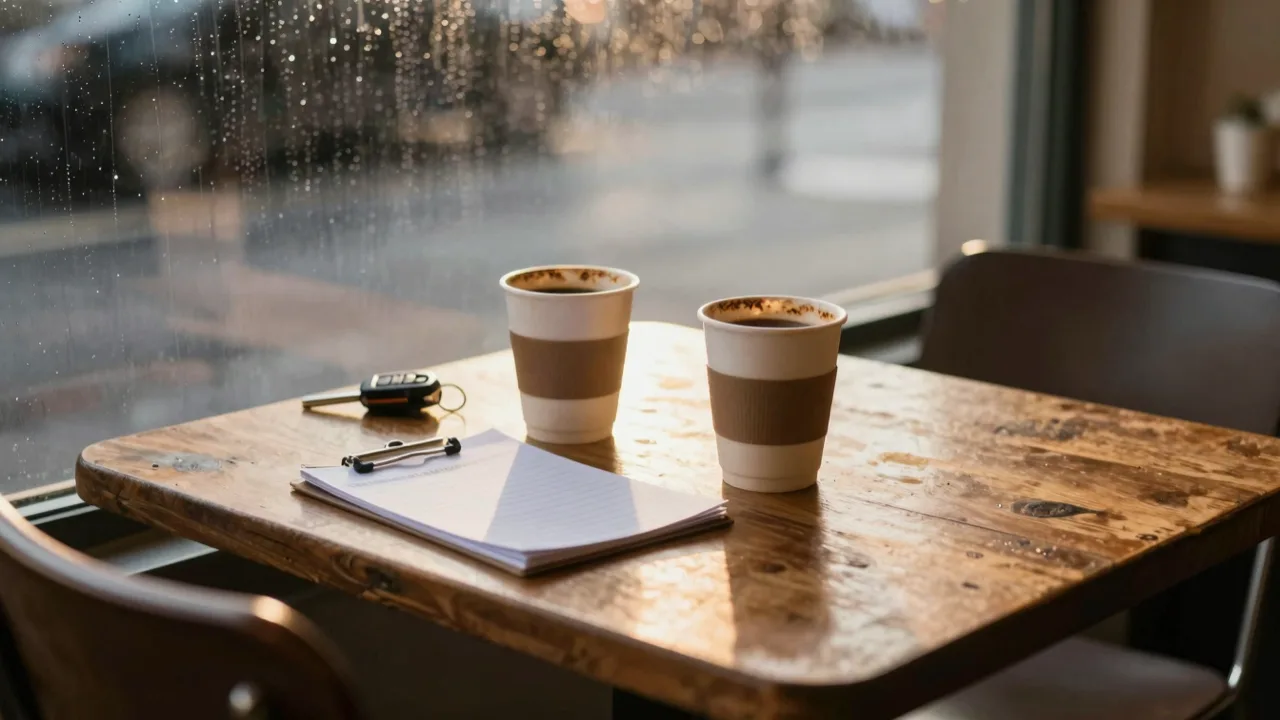 Two coffee cups cooling on a wooden table by a window at the end of the day, one chair empty