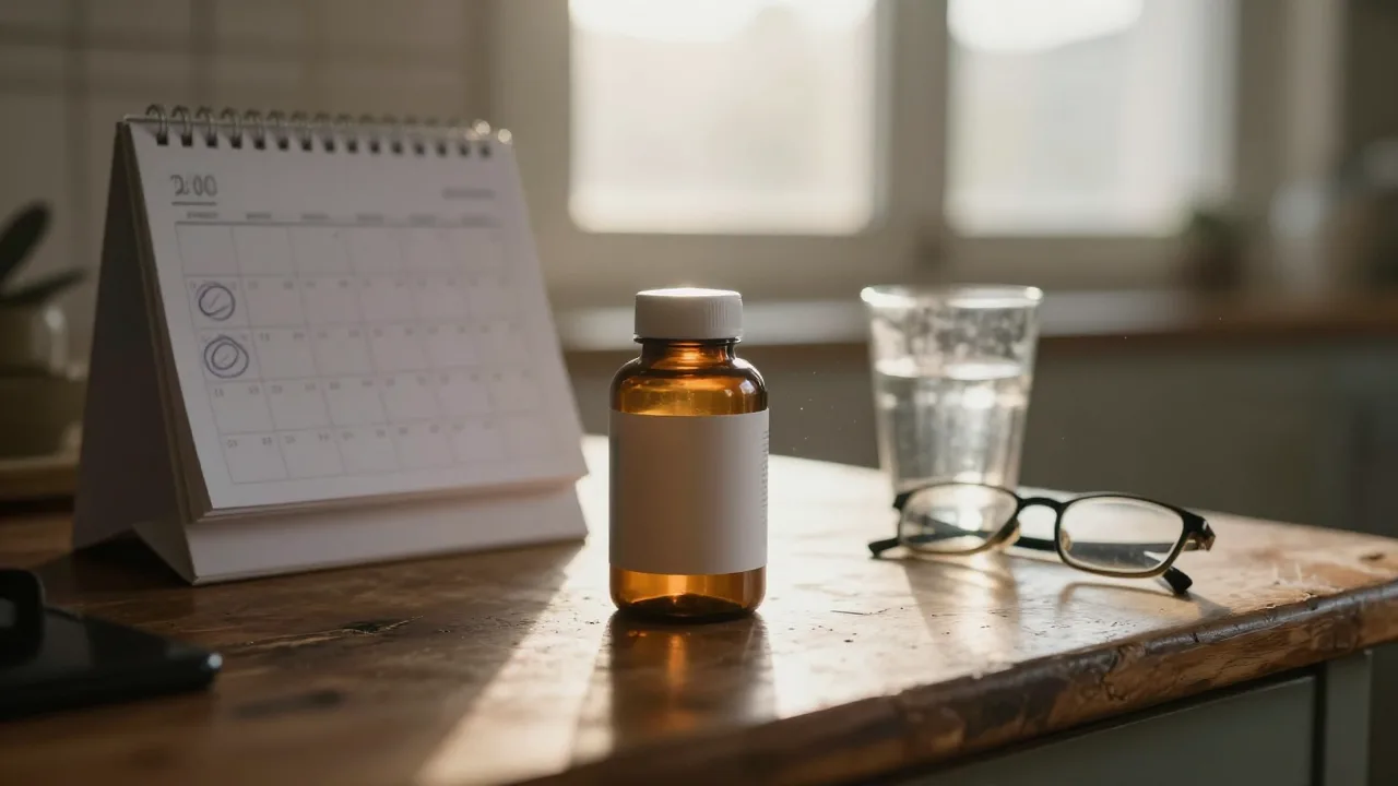 Unlabeled amber supplement bottle beside a paper calendar and reading glasses on a kitchen table at sunrise