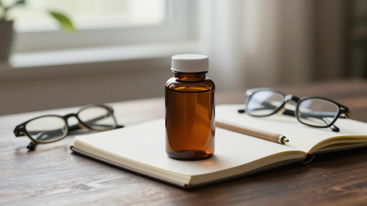 Open supplement bottle beside a focused desk at dawn