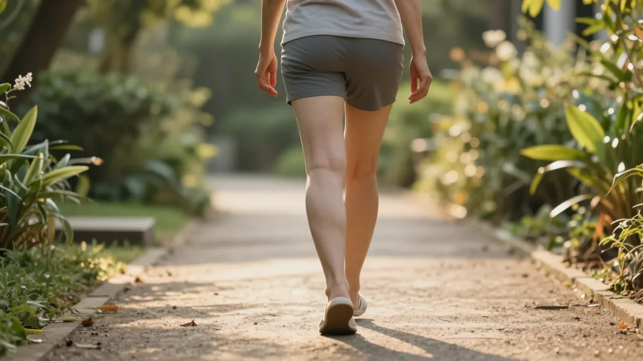 Person viewed from behind walking comfortably through a sunlit garden path
