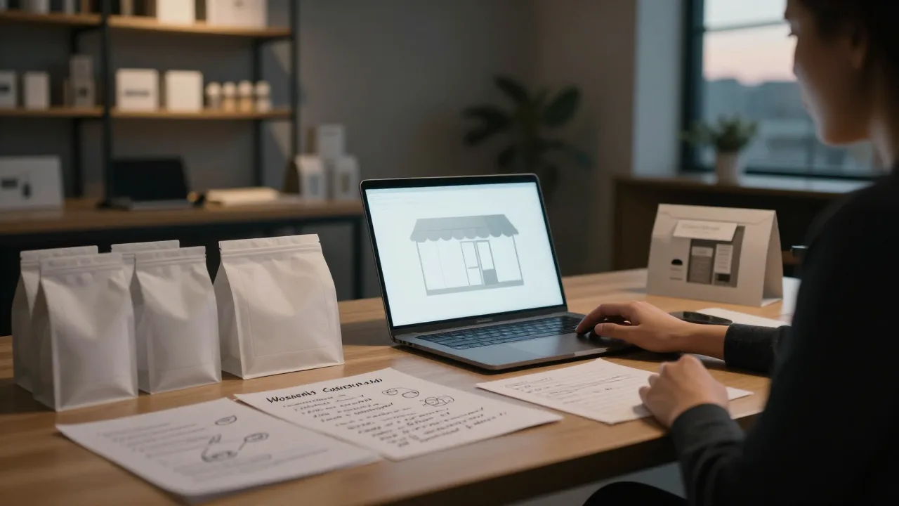 Cinematic workspace with product sketches, packaging samples and a laptop