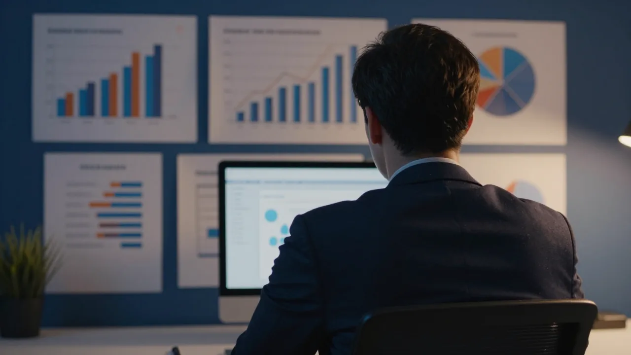 Entrepreneur reviewing a glowing business planning dashboard at night