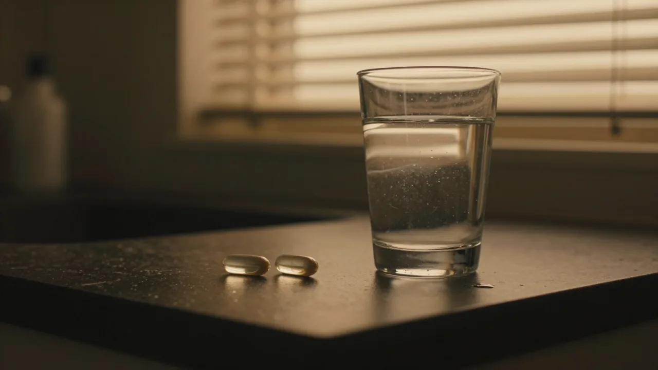 Two clear supplement capsules beside a glass of water at sunrise