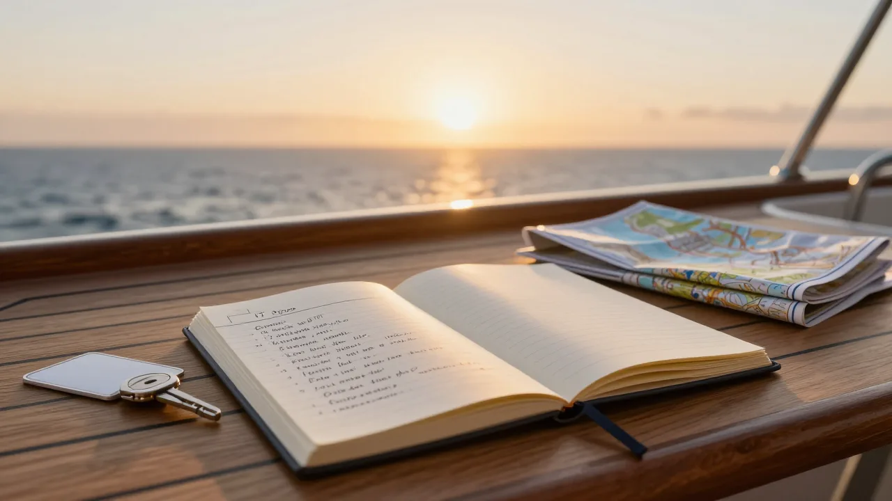 Open cruise planning notebook beside a ship deck rail