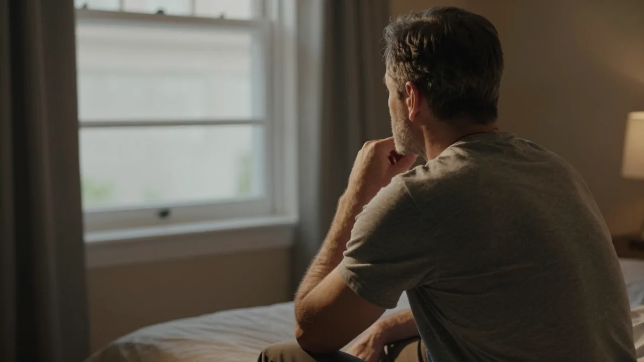 Man seated in a private room, shown from behind, reflecting beside a window