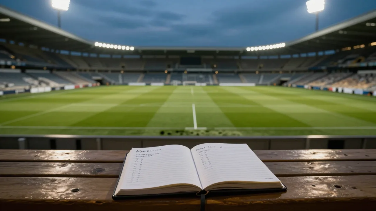 Football pitch under stadium lights beside a handwritten betting notebook