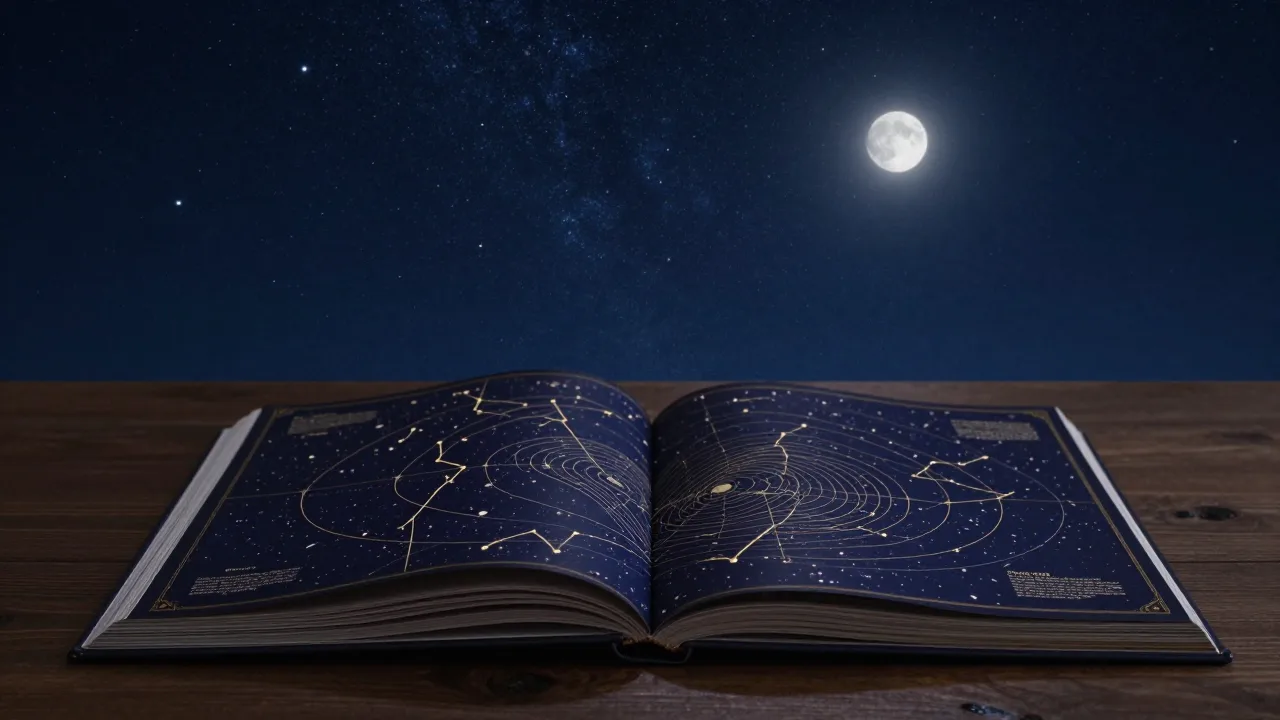 Cinematic night sky above an open astronomical chart