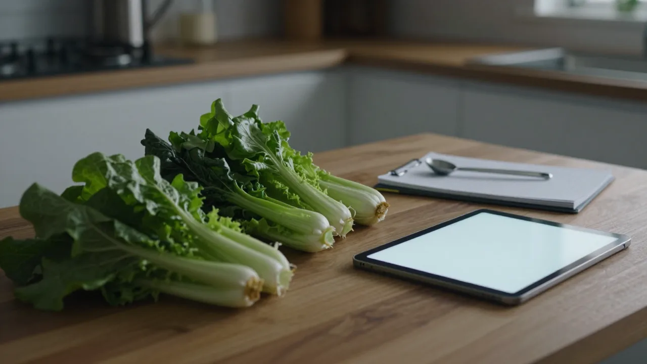 A dark kitchen counter with green vegetables beside a tablet