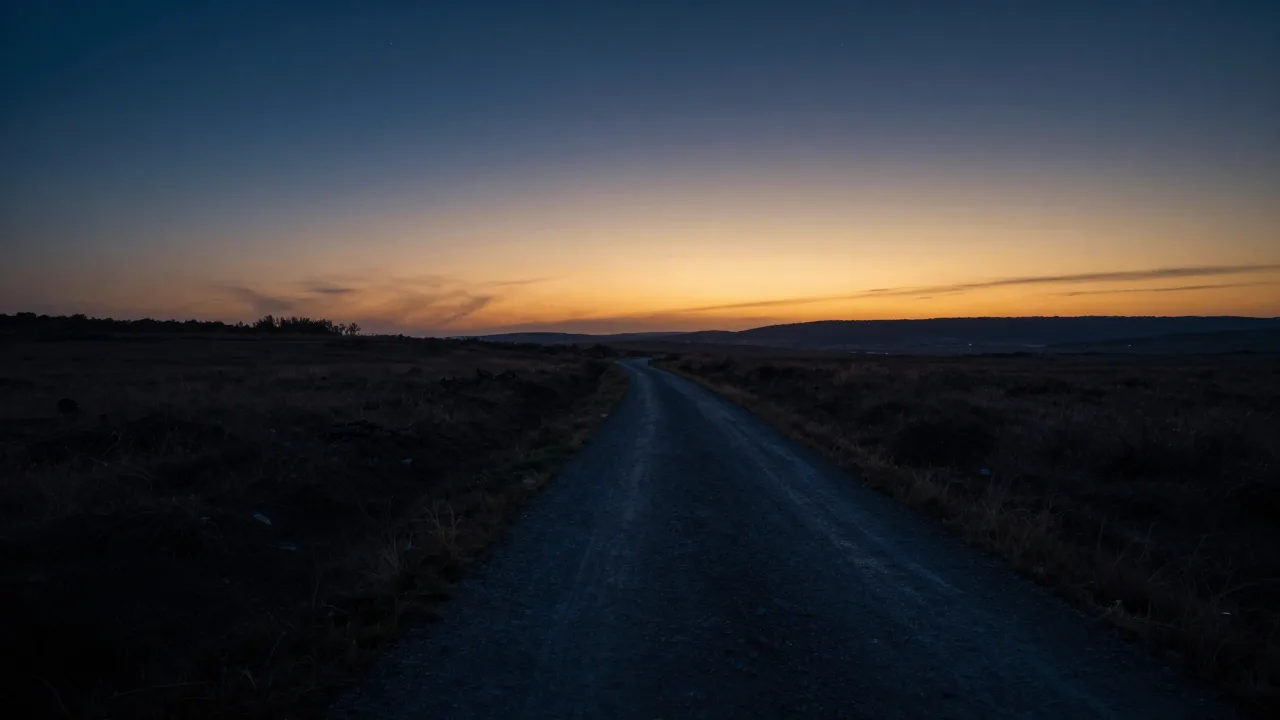 Mysterious glowing path leading toward a golden horizon