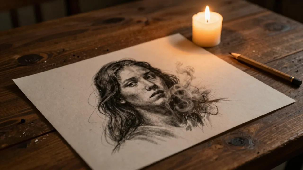 Half finished charcoal portrait on paper beside a candle, the face left unfinished