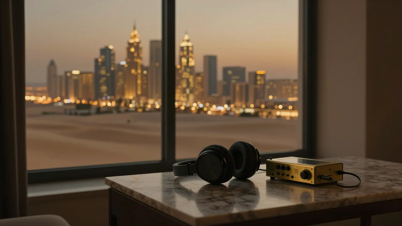 Dubai skyline at dusk seen from a dark room with headphones on a table