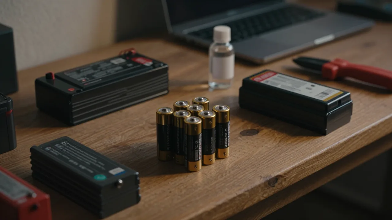 Old rechargeable batteries beside a workshop bench and unlabeled liquid bottle