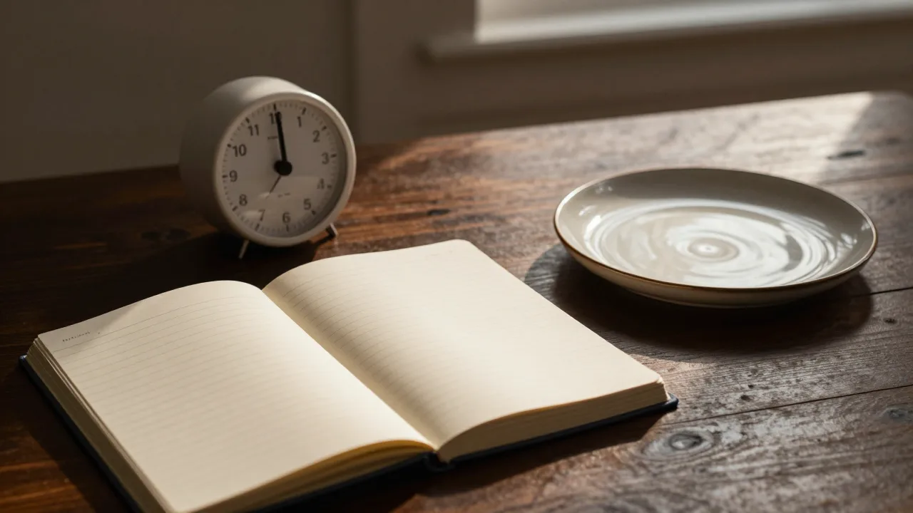 An open notebook, kitchen timer and empty plate in dramatic low light