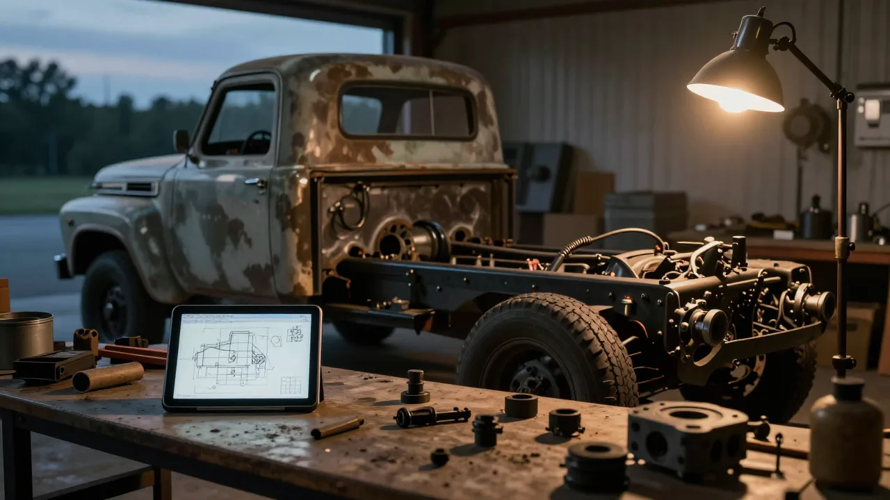 Vintage Ford workshop bench with an open digital manual