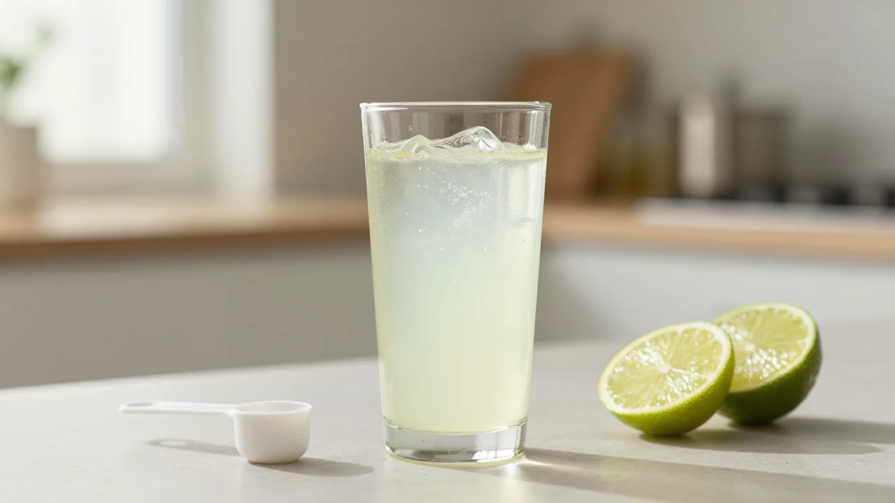 Glass of lemon lime electrolyte drink beside a measuring scoop