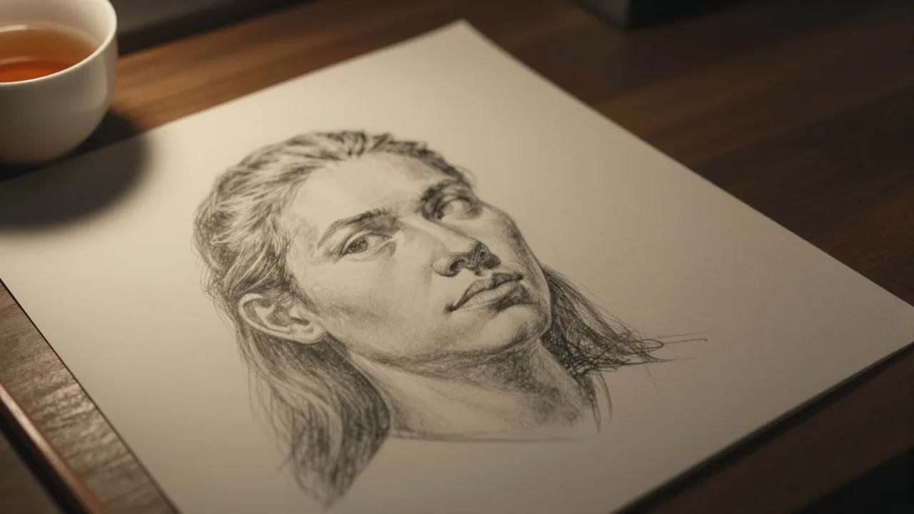 A half finished pencil portrait on a night desk, the face left blank, lit by a single warm lamp