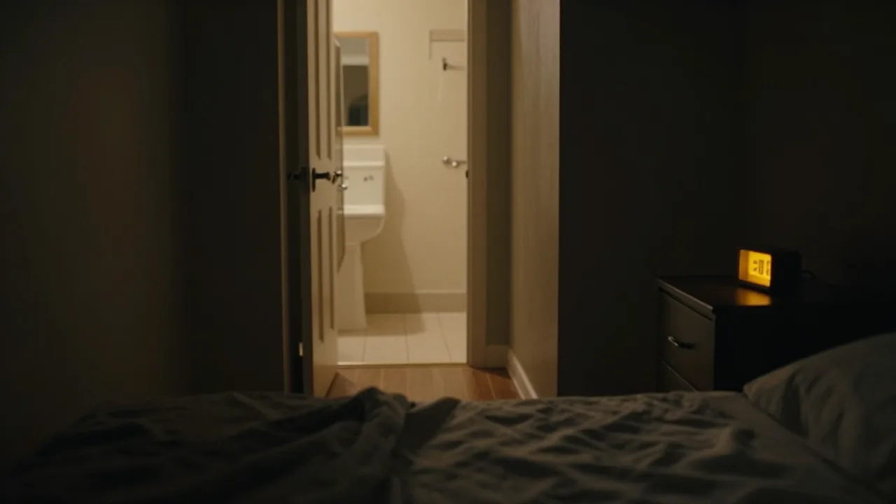 Dark hallway at night lit only by a bathroom doorway, with a glowing bedside clock in the foreground