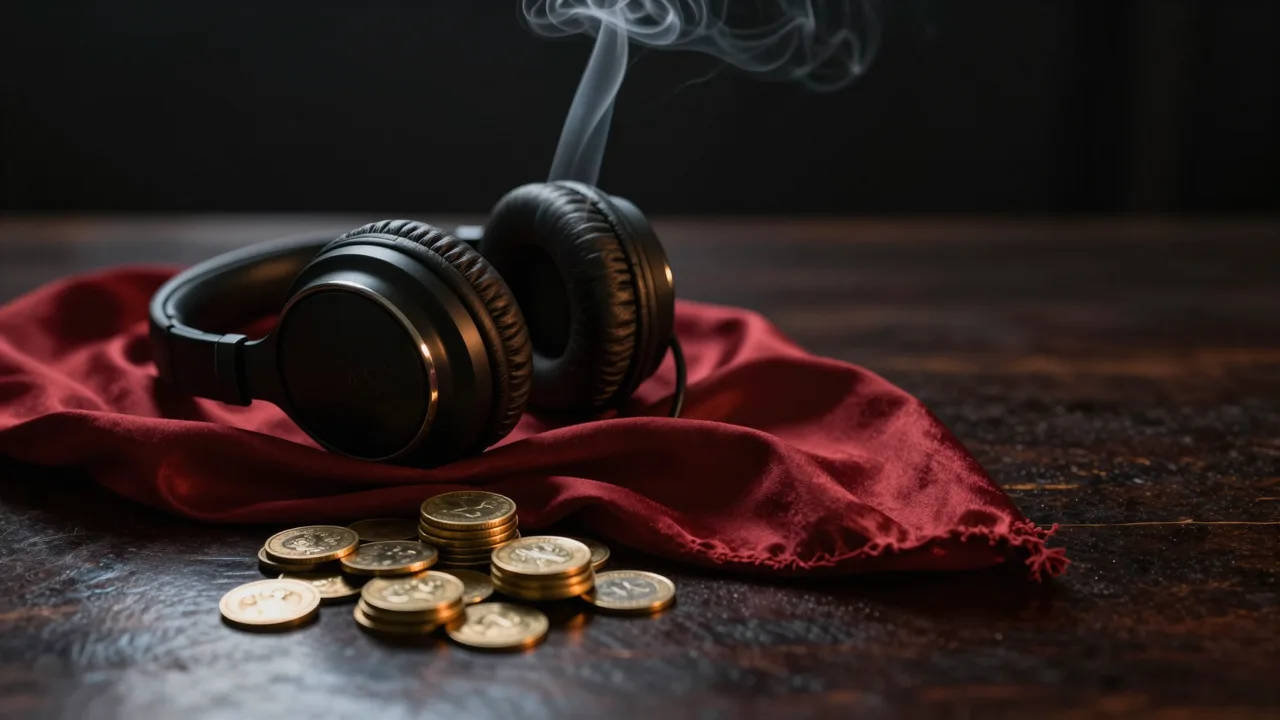 Headphones resting on red silk beside stacked gold coins in dim lamplight
