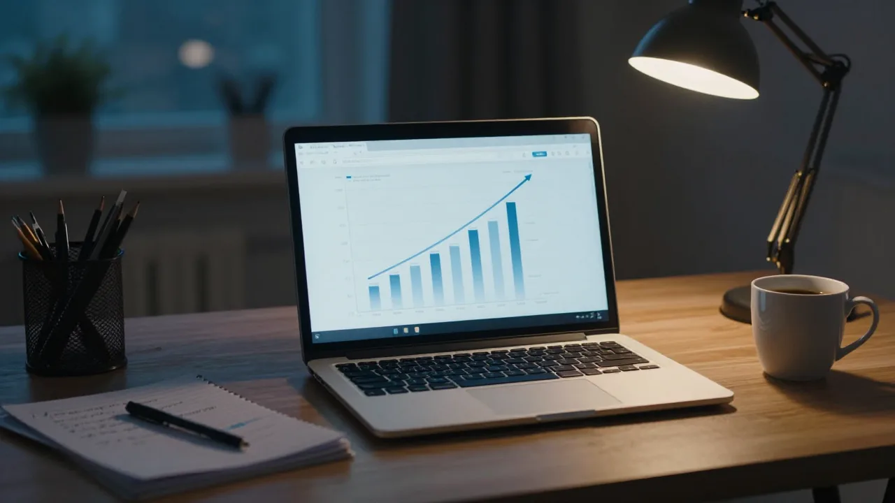 Laptop showing a traffic dashboard beside handwritten marketing notes