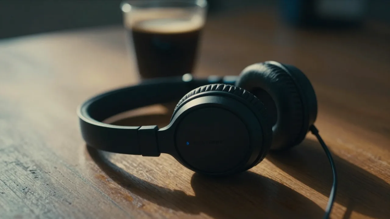 Over ear headphones resting on a worn wooden desk at dawn beside a cooling cup of black coffee
