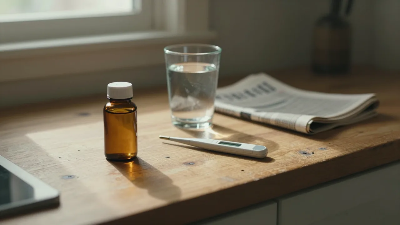 Quiet kitchen counter at dawn with a glucose meter, a glass of water and an unlabelled supplement bottle in soft shadow