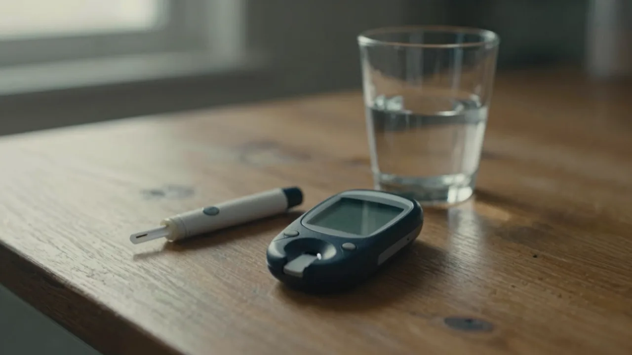 A glucose meter resting on a worn kitchen table in early morning light