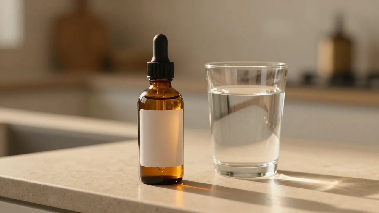 Amber dropper bottle beside a morning glass of water