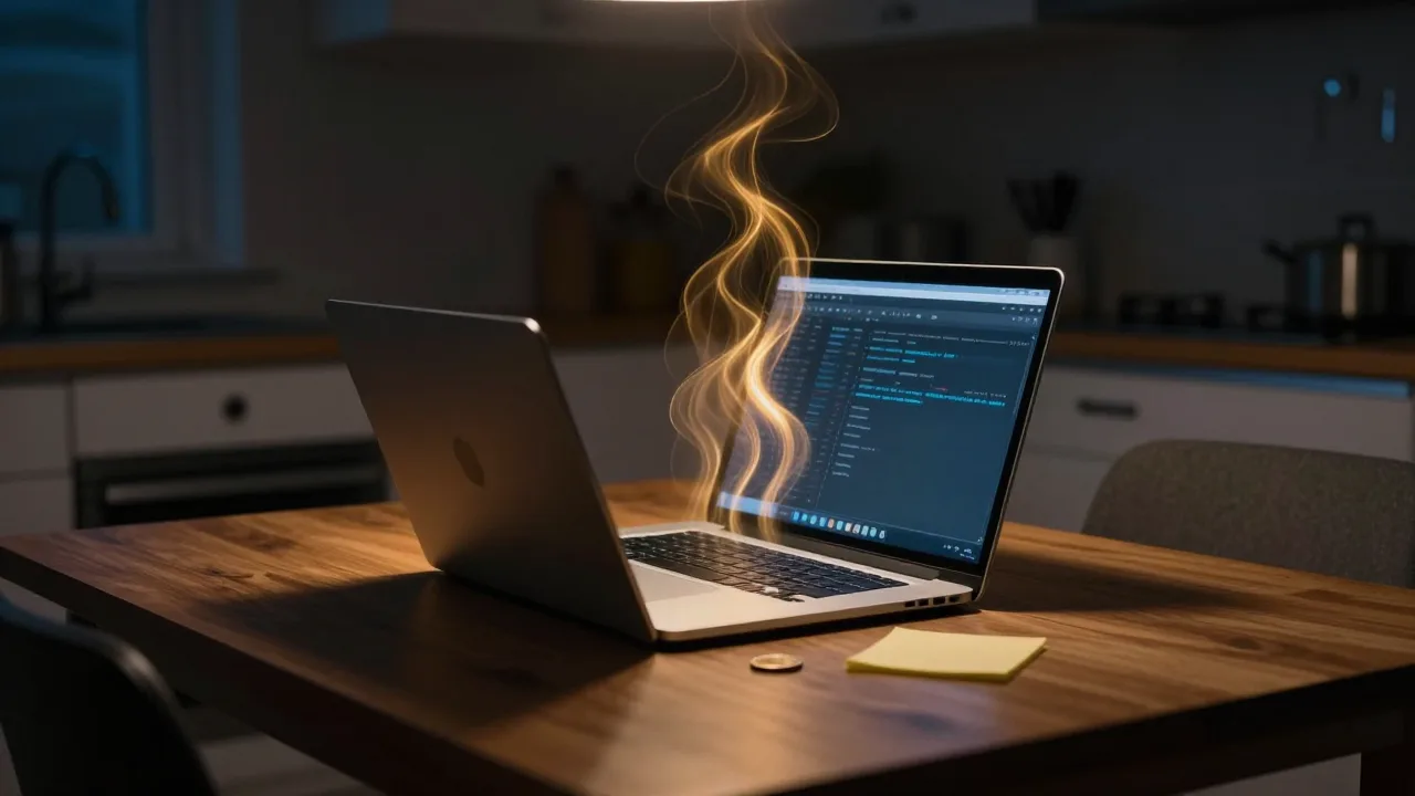 Laptop on a kitchen table at night with three streams of light rising from the screen