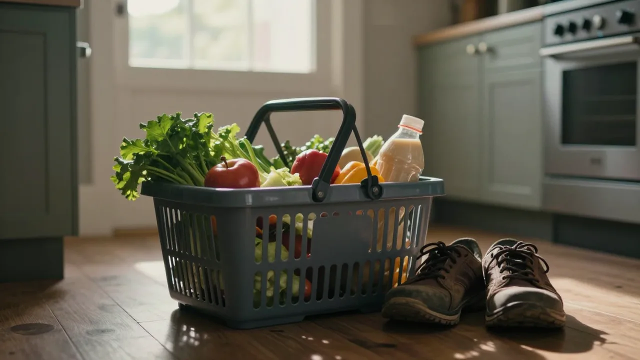 Hands resting beside a grocery basket and a pair of shoes