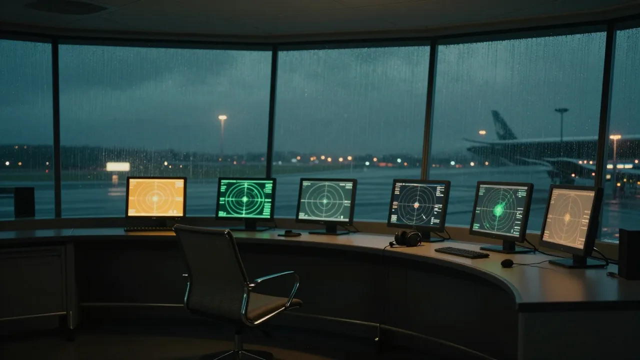 Empty airport control tower at night with glowing radar screens and headphones resting on the console