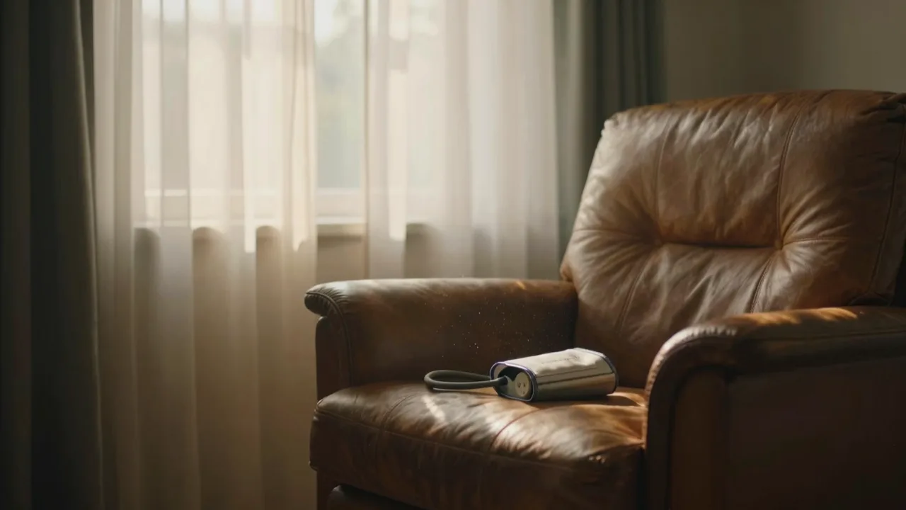 An empty armchair by a bright window at dawn, a blood pressure cuff resting on the seat cushion