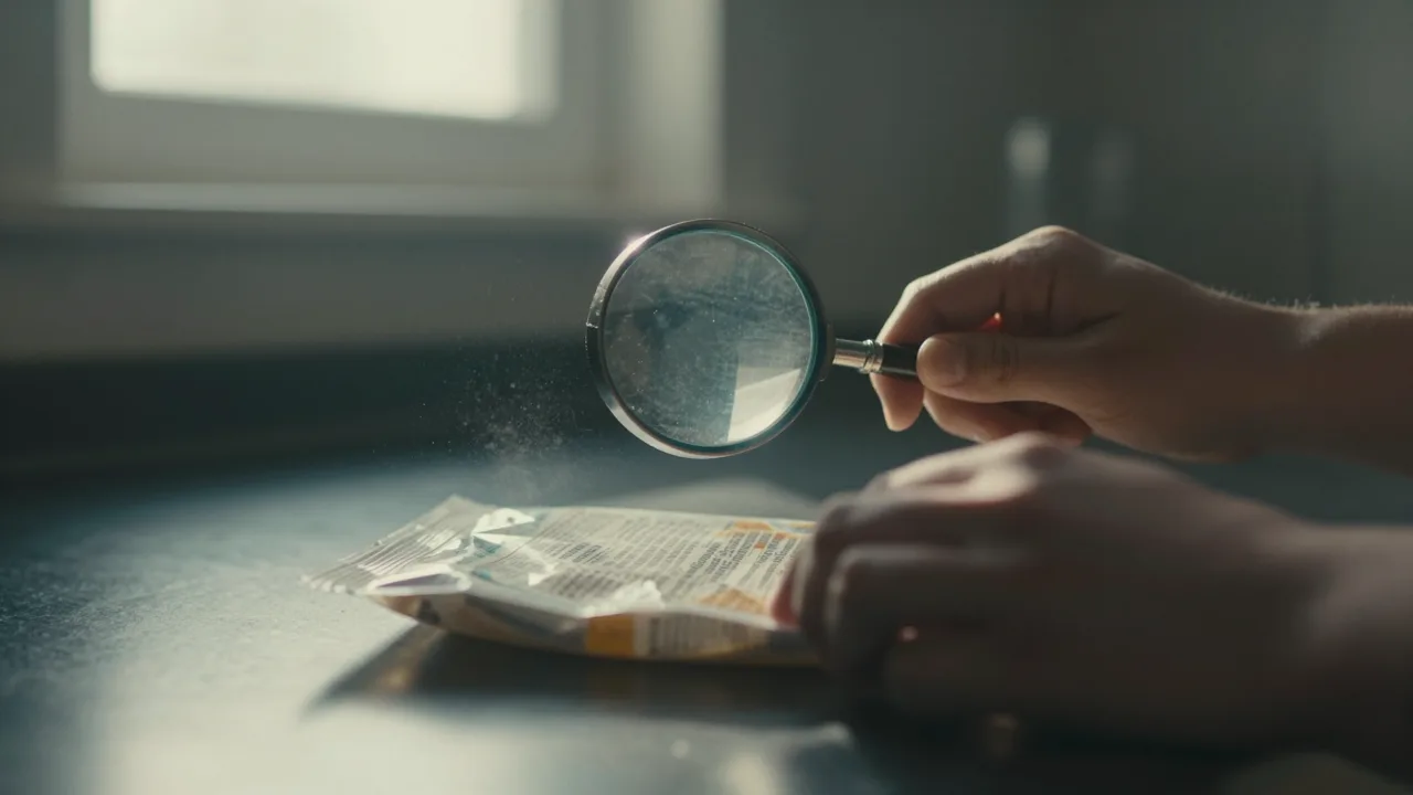 Close up of a food label under a magnifying glass on a kitchen counter at dawn