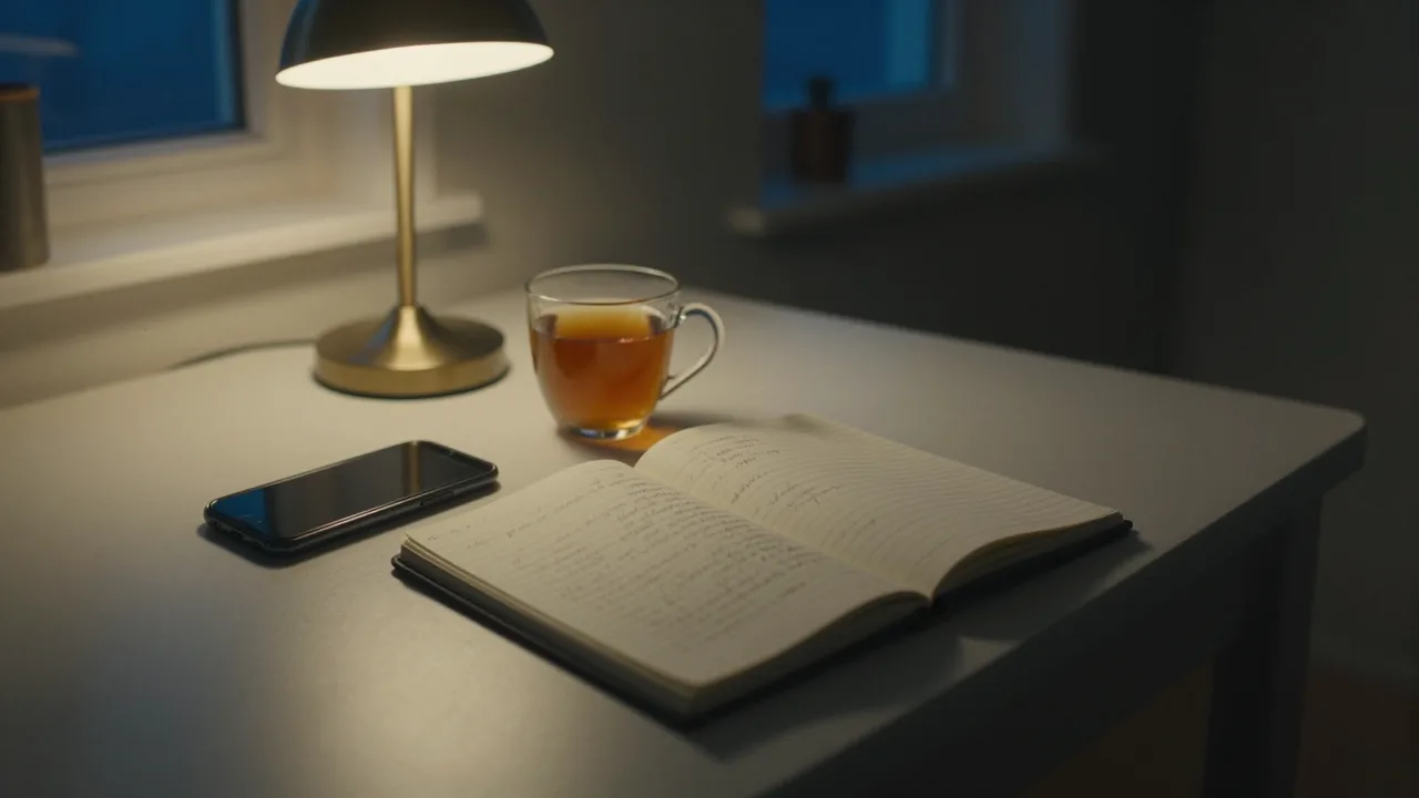 A phone lying face down on a kitchen table late at night beside a cold cup of tea