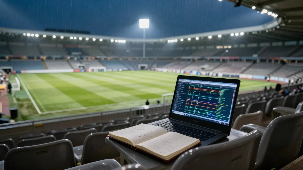 Empty floodlit football stadium at night with a notebook of match predictions resting on a seat
