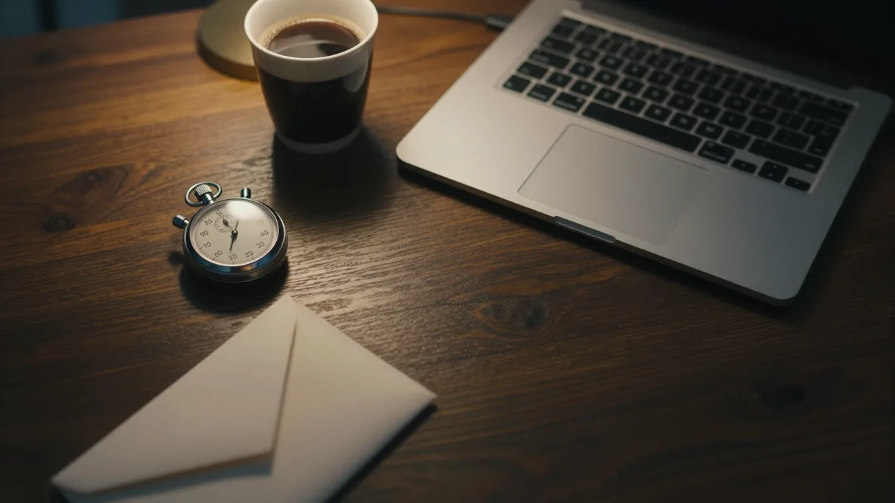 Dark desk before dawn with a stopwatch, a closed laptop and a cold cup of coffee
