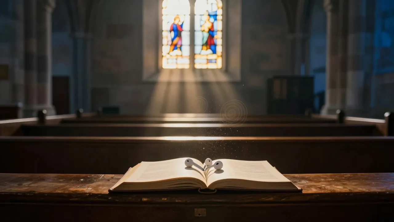 Empty wooden church pew at dawn with light falling through a stained glass window and a pair of earbuds resting on an open hymnal