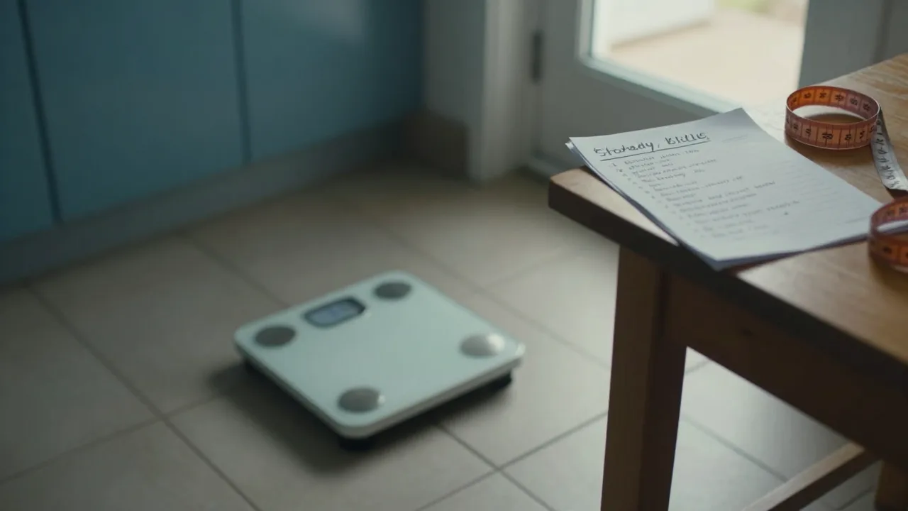 Moody kitchen table with a scale, grocery list and measuring tape