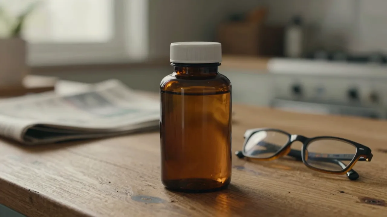 A plain amber supplement bottle and a pair of folded reading glasses on a wooden table in warm evening light