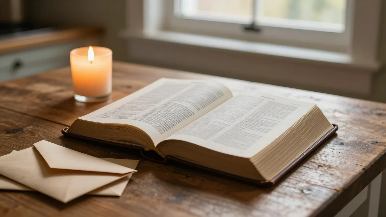 An open Bible on a kitchen table at dawn beside a lit candle and a stack of unopened envelopes