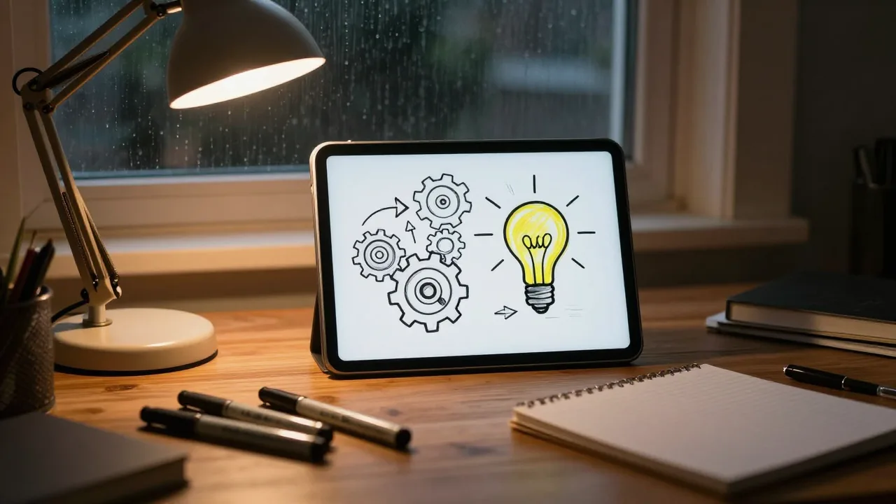 Tablet on a dark desk showing an unfinished hand drawn whiteboard animation with arrows and a lightbulb