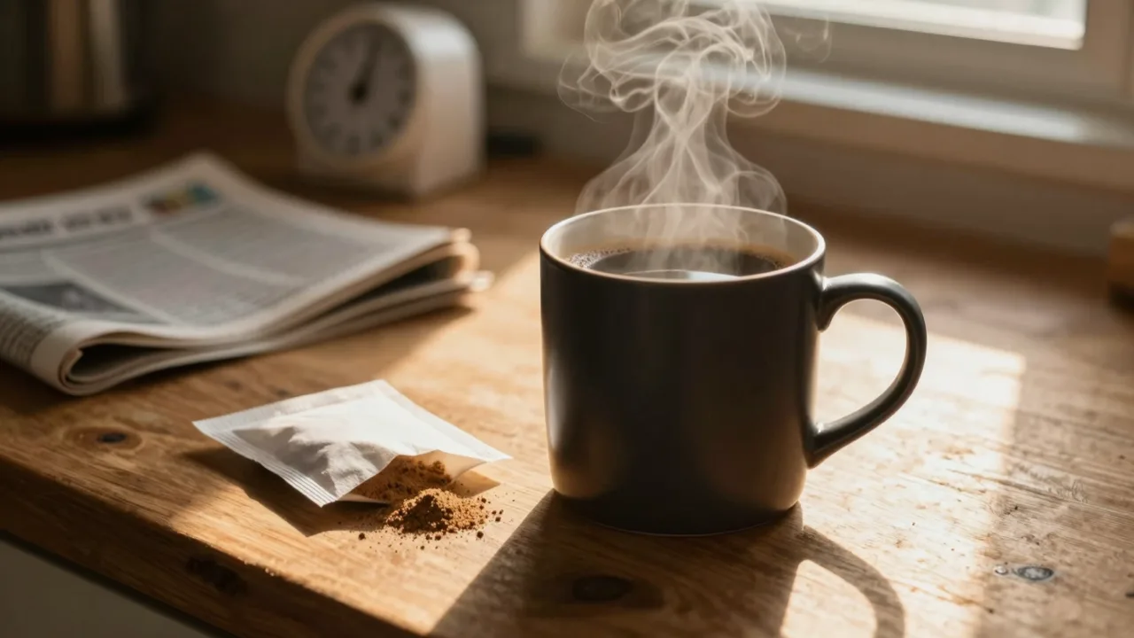 Steam rising from a dark coffee mug on a kitchen counter at dawn, an unmarked powder sachet resting beside it