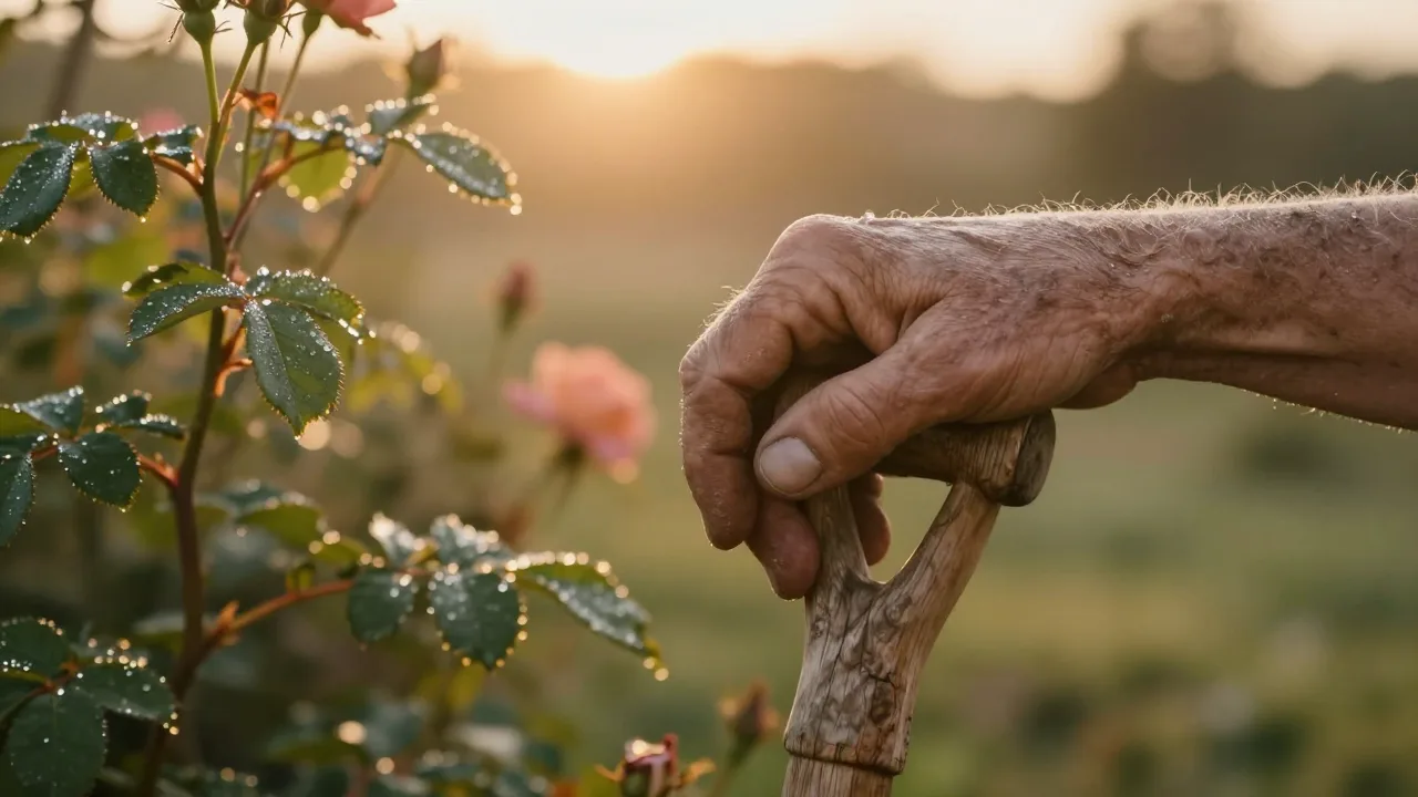 Older hands gripping a garden trowel beside rose bushes at sunrise, no face visible