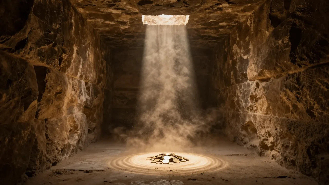 Narrow stone passage inside a pyramid lit by a single shaft of light, sound waves drawn in dust