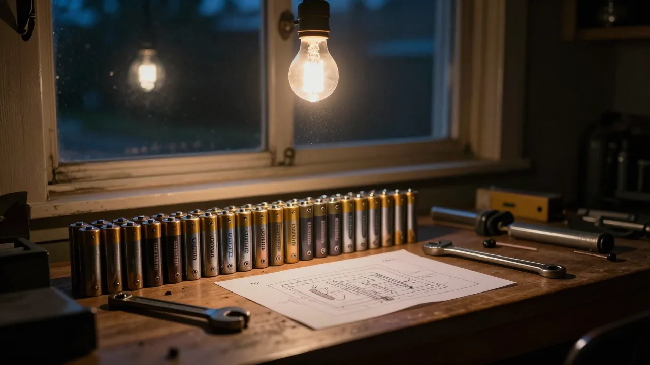 Dim garage workbench lined with old batteries and a hand drawn wiring sketch under one lit bulb