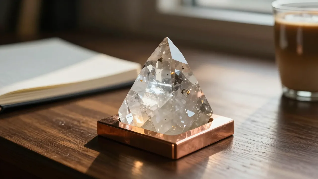 Small quartz and resin pyramid on a copper base sitting on a wooden desk at dawn