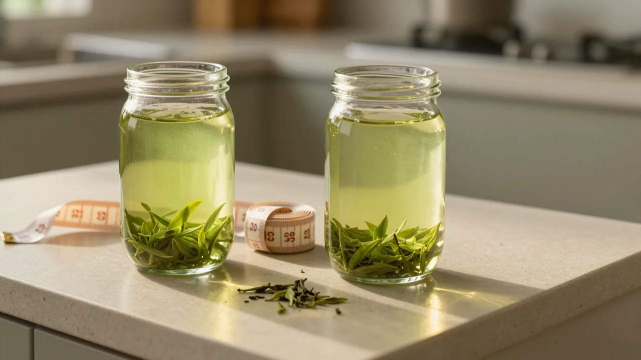 Two identical glass jars of green tea on a sunlit kitchen counter with a coiled tape measure