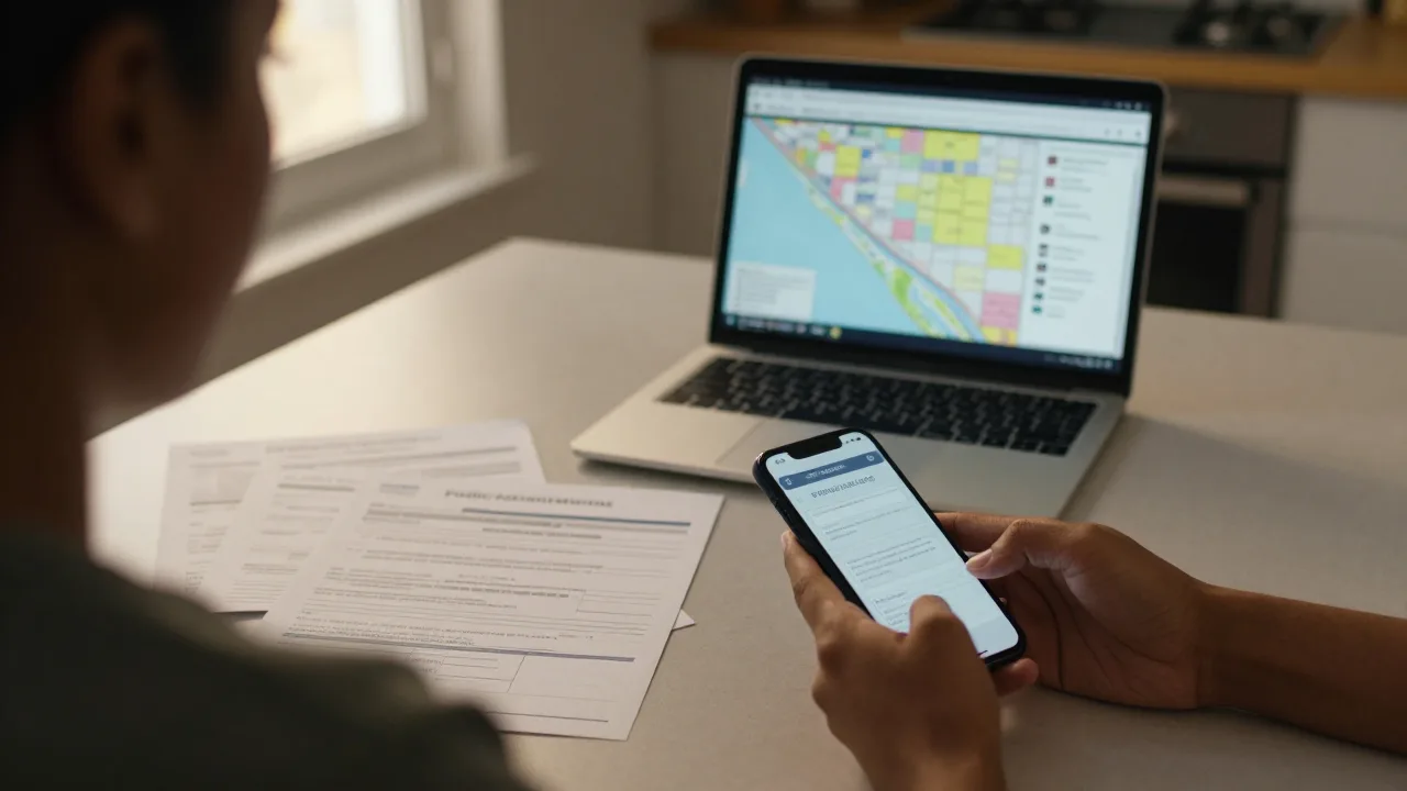 Person reviewing public assistance documents beside a phone