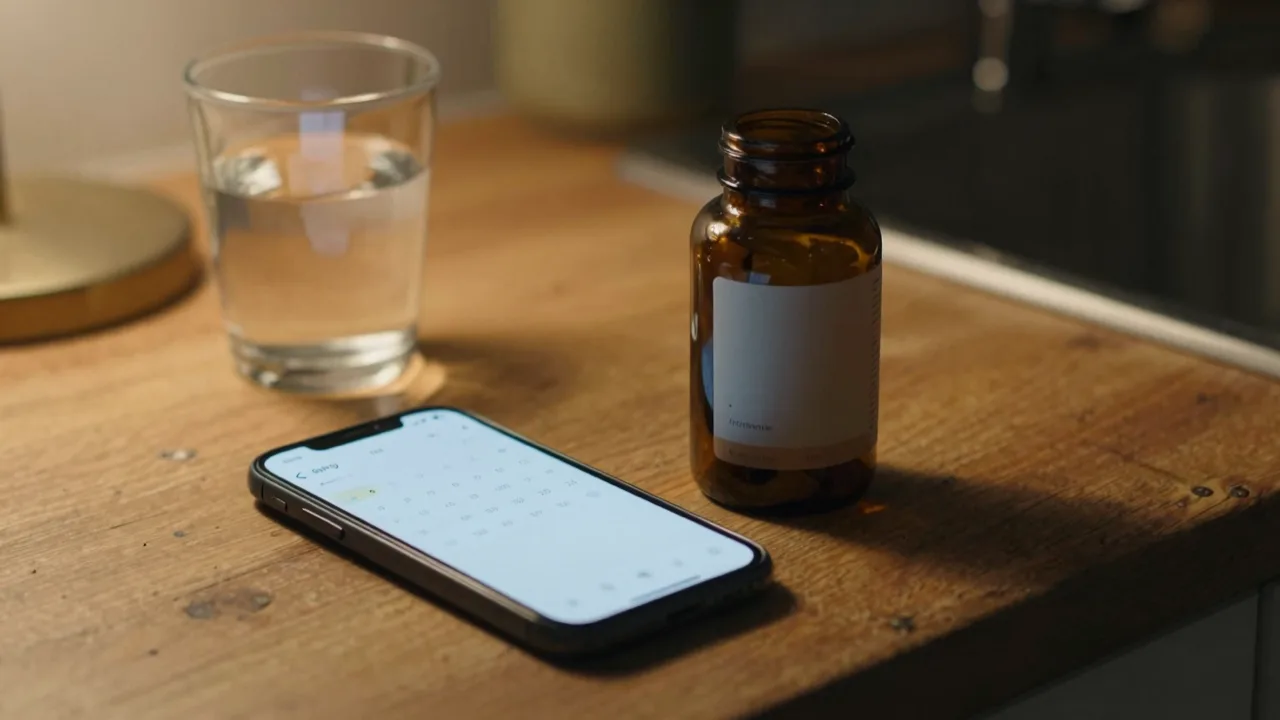 Amber supplement bottle on a kitchen counter beside a phone showing a calendar reminder