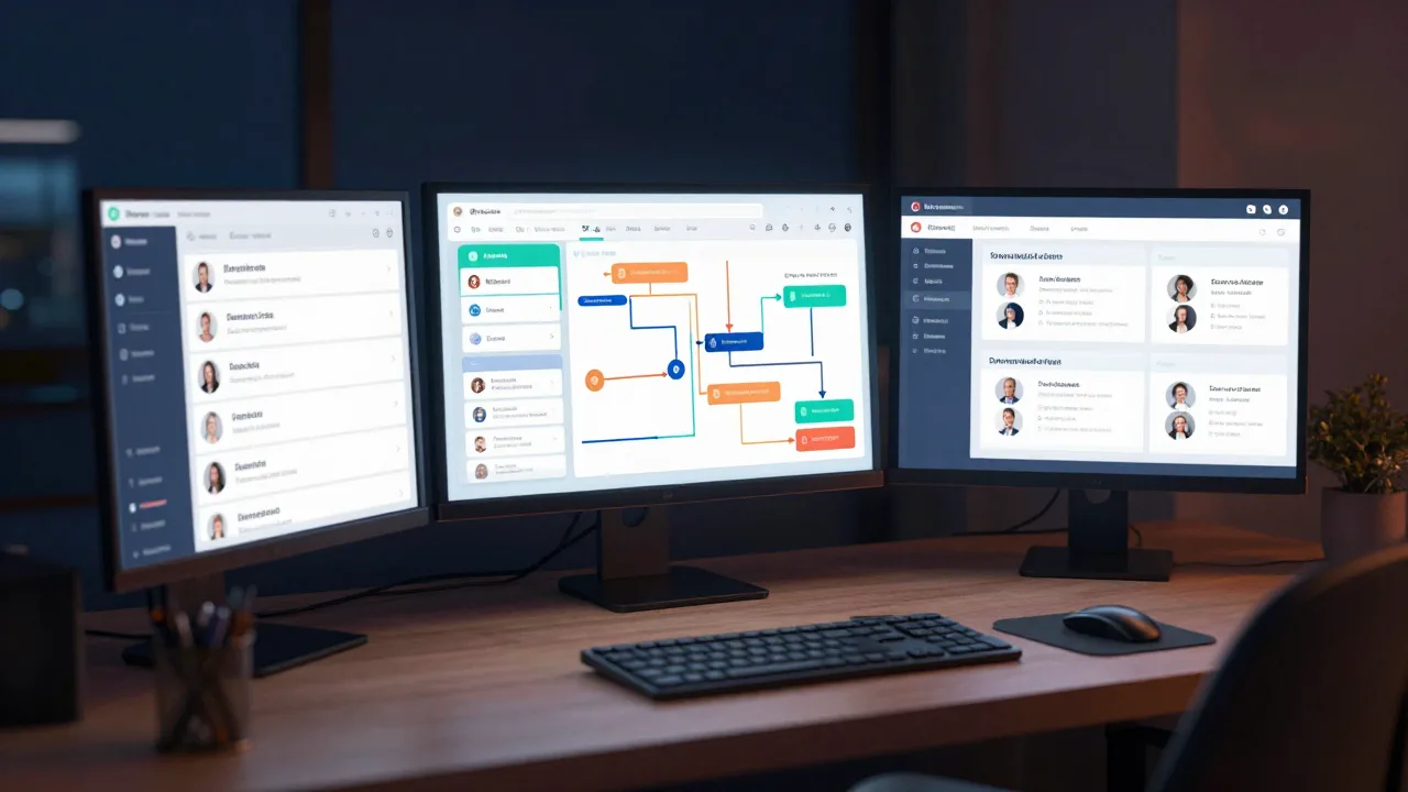 Abstract small business workspace with connected scheduling, sales, and automation screens