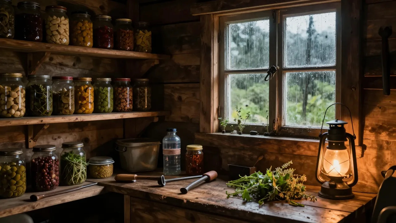 Off grid frontier cabin supplies beside a lantern